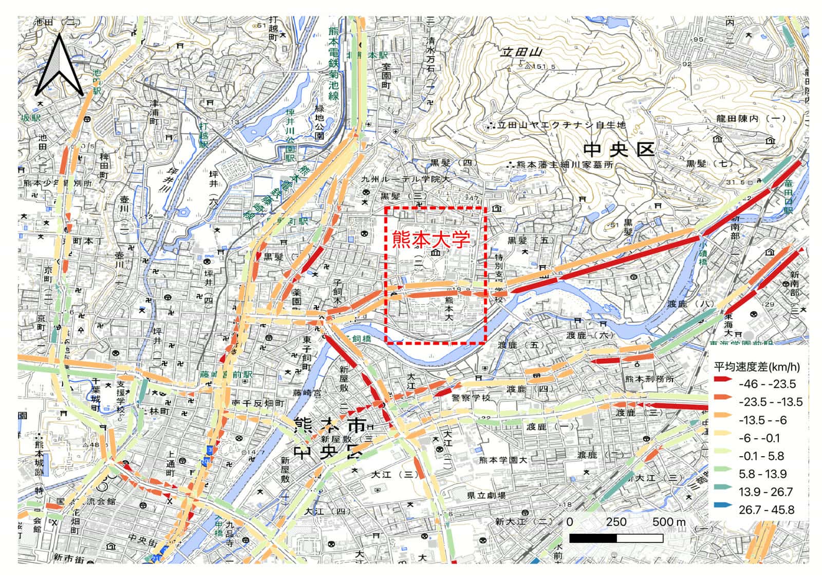 2025年8月2日9:00時点の平均速度と通常日の差分を示す地図。熊本大学東側の道路が赤色で示され、著しい速度低下（渋滞）が確認できる。